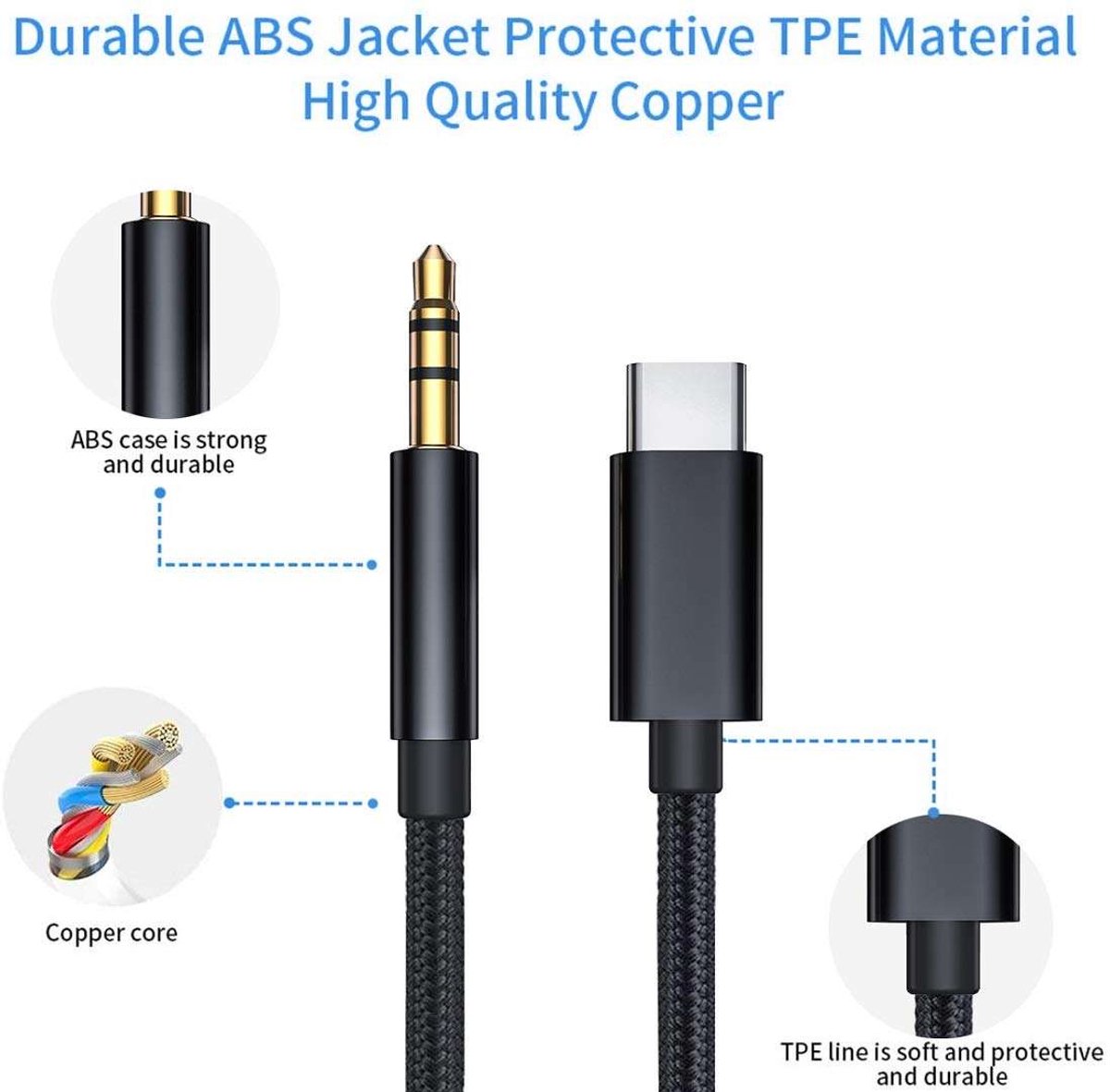 Delmark USB-C naar AUX Kabel - USB-C naar 3.5mm Jack - 100cm - USB Audio Kabel