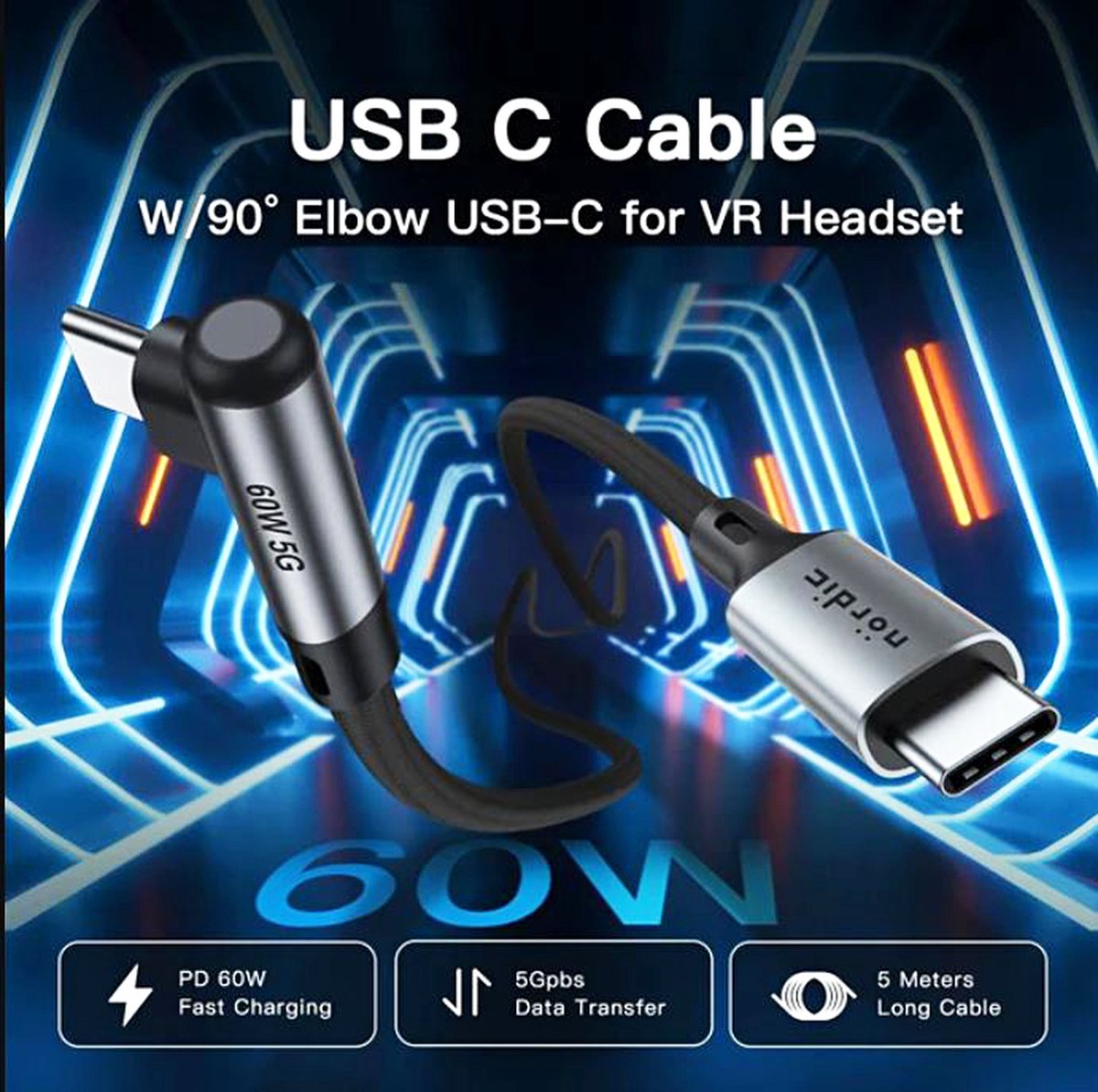 NÖRDIC USB-C naar USB-C - USB3.2 Gen1 - Geschikt voor Oculus Quest / Quest 2 VR bril - 5m - Zwart