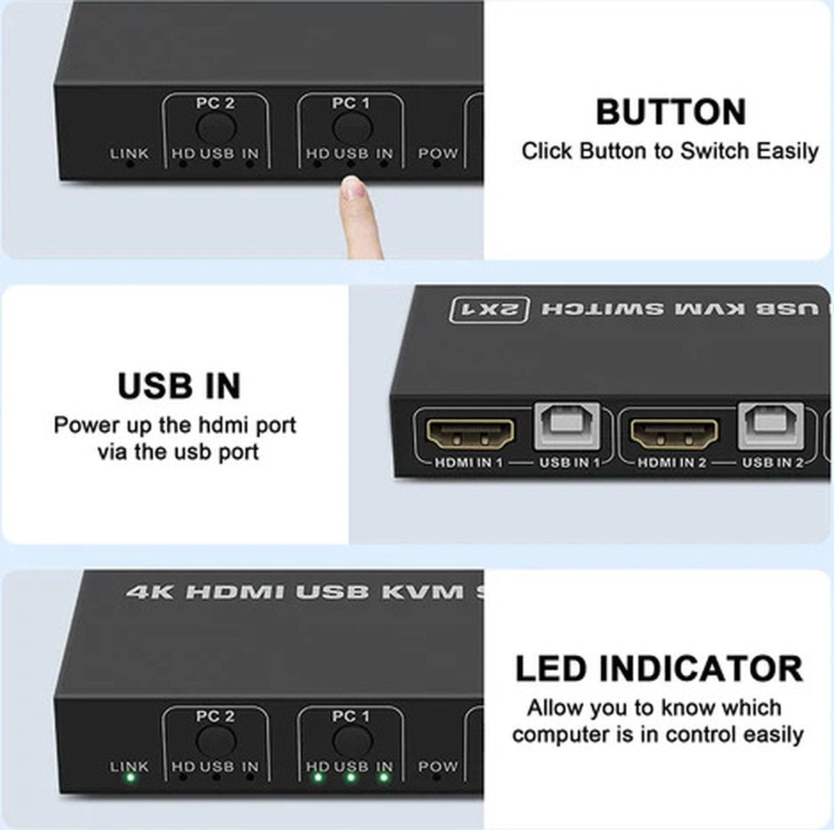 NÖRDIC KVM HDMI switch 2 in to 1 out - HDMI out 4K60Hz, 3xUSB A 2.0 - 2xHDMI in - Black