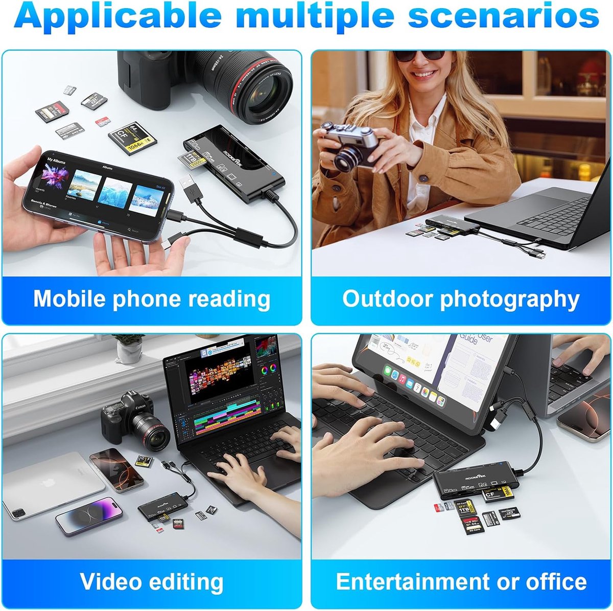 NÖRDIC USB 3.0 Multi-Kaartlezer - 7-in-1 - USB-A, USB-C & Lightning - CF, SD, MicroSD, MS, xD