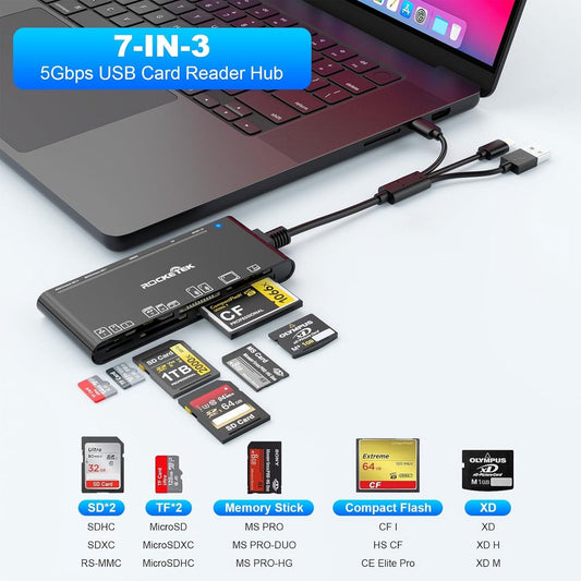 NÖRDIC USB 3.0 Multi-Kaartlezer - 7-in-1 - USB-A, USB-C & Lightning - CF, SD, MicroSD, MS, xD