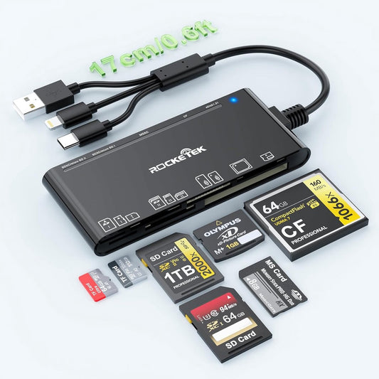 NÖRDIC USB 3.0 Multi-Kaartlezer - 7-in-1 - USB-A, USB-C & Lightning - CF, SD, MicroSD, MS, xD