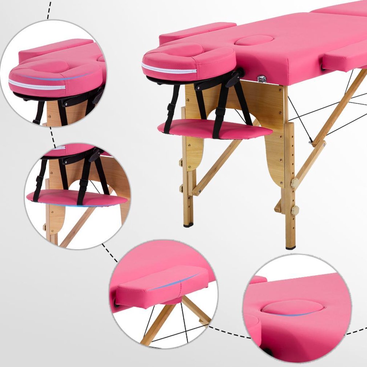 BestMassage MT-296-Pink - Massagetafel, 186 cm, hoogte verstelbaar, tweevoudig inklapbaar, gezichtskussen, draagbaar, draagtas, Roze