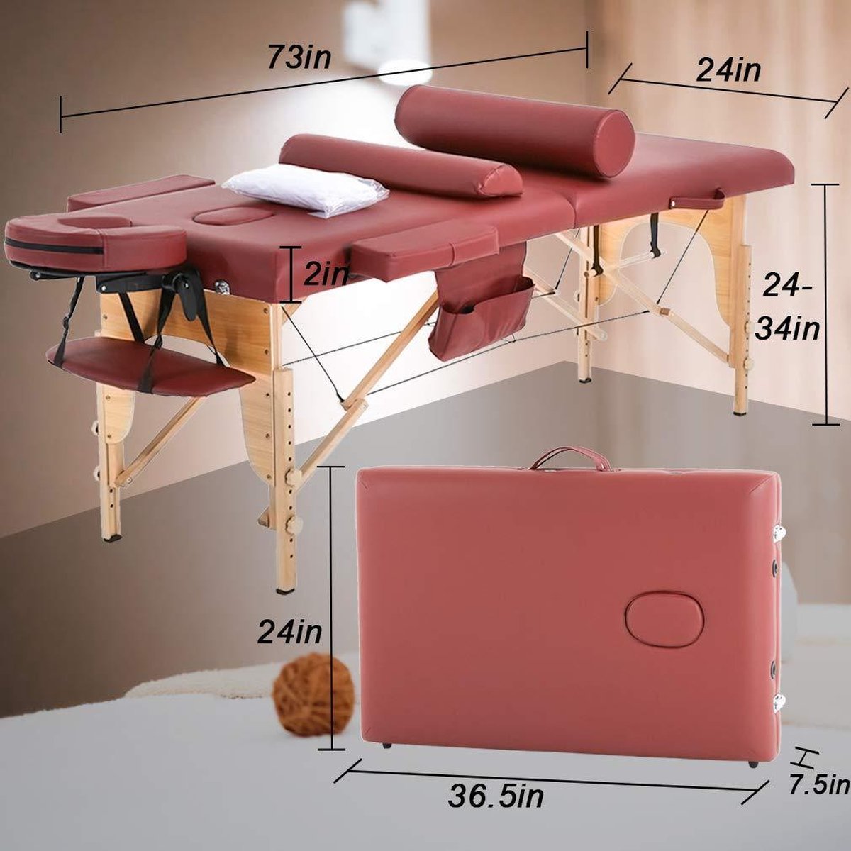 BestMassage MT-482-Burgundy - Massagetafel - lengte 186 cm, hoogte verstelbaar, 2-voudig inklapbaar, gezichtskussen, draagtas en draagbaar - Bordeaux