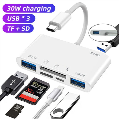 NÖRDIC USB-C Kaartlezer - 2x SD Slot + 3x USB-A + USB-C 30W Power Delivery – Aluminium USB-C Hub