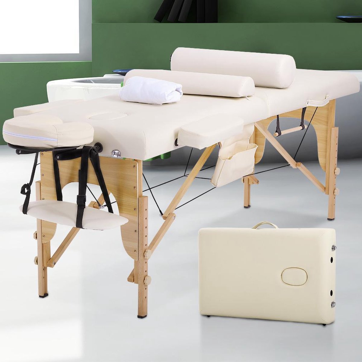 BestMassage MT-482-CREAM - Massagetafel - lengte 186 cm, hoogte verstelbaar, 2-voudig inklapbaar, gezichtskussen, draagtas en draagbaar - Cream