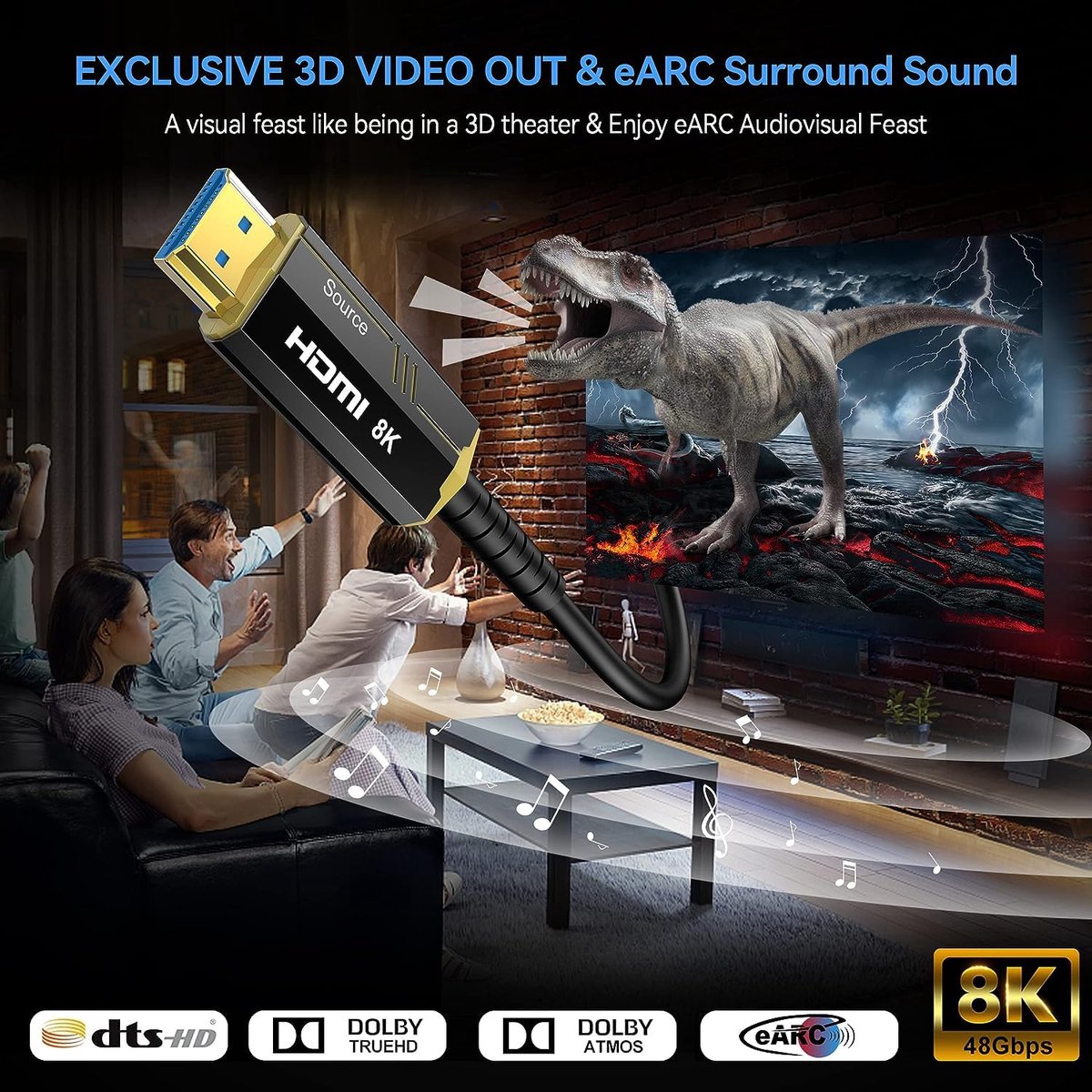 NÖRDIC HDMI-F016 HDMI to HDMI Fiber Optic Cable, 8K 60Hz, 48Gbps, Dynamic HDR eARC Support, HDMI 2.1, 15m, Black