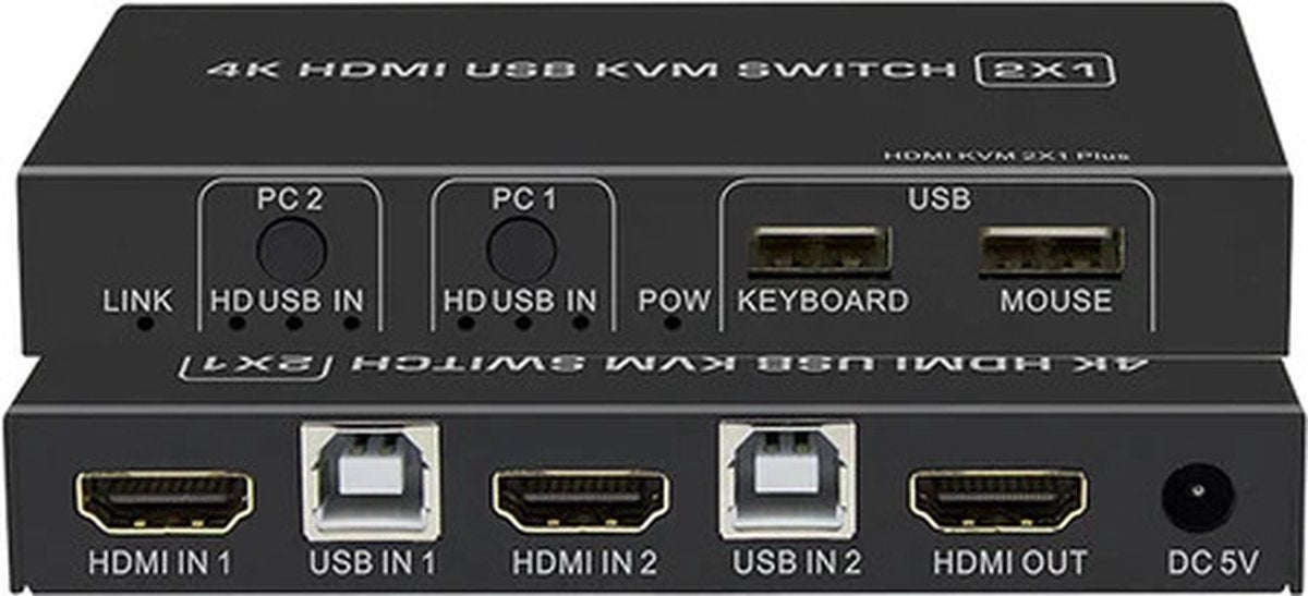 NÖRDIC KVM HDMI switch 2 in to 1 out - HDMI out 4K60Hz, 3xUSB A 2.0 - 2xHDMI in - Black