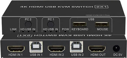 NÖRDIC KVM HDMI switch 2 in to 1 out - HDMI out 4K60Hz, 3xUSB A 2.0 - 2xHDMI in - Black