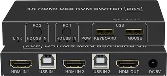 NÖRDIC KVM HDMI switch 2 in to 1 out - HDMI out 4K60Hz, 3xUSB A 2.0 - 2xHDMI in - Black