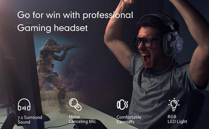 EasySMX VG-C159 Over-ear gaming headset met microfoon, surround sound 7.1 RGB LED, zwart