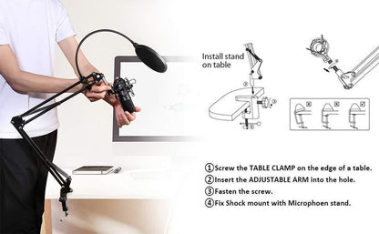MAONO AU-A04 podcast microfoon set, USB condensator microfoon incl. beweegbare arm en filter zwart