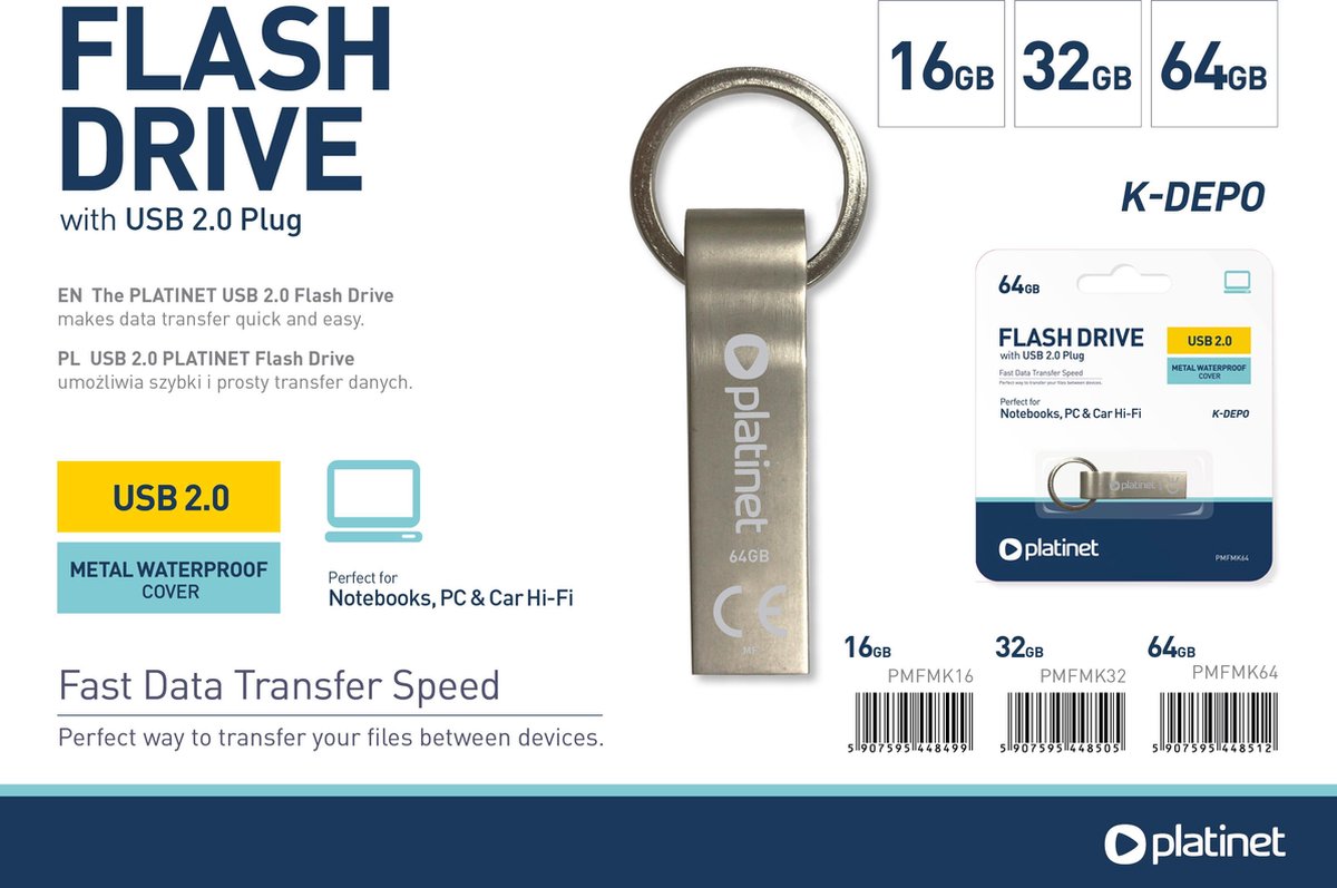 PLATINET PMFMK16 PENDRIVE USB 2.0 K-Depo 16GB  USB Geheugenstick METAL - metalen behuizing