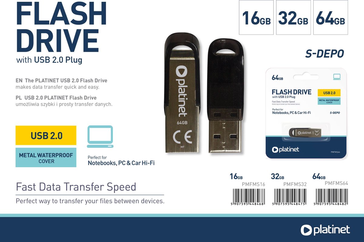 PLATINET PMFMS32 PENDRIVE USB 2.0 S-Depo 32GB USB Geheugenstick METAL - metalen behuizing