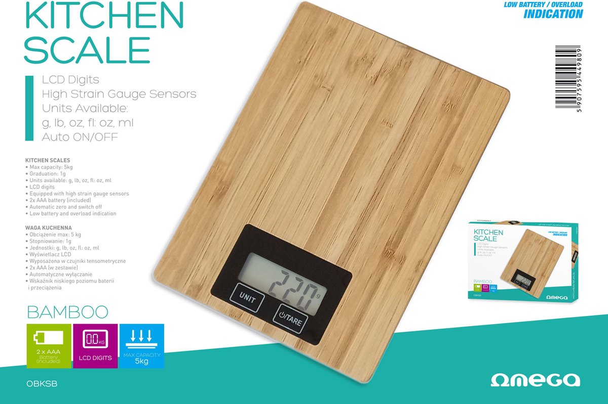 OMEGA "OBKSB" - Digitale Weegschaal Keuken - incl. Batterijen- tot 5 kg - Precisie Keukenweegschaal - LCD display - bamboe