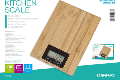 OMEGA "OBKSB" - Digitale Weegschaal Keuken - incl. Batterijen- tot 5 kg - Precisie Keukenweegschaal - LCD display - bamboe