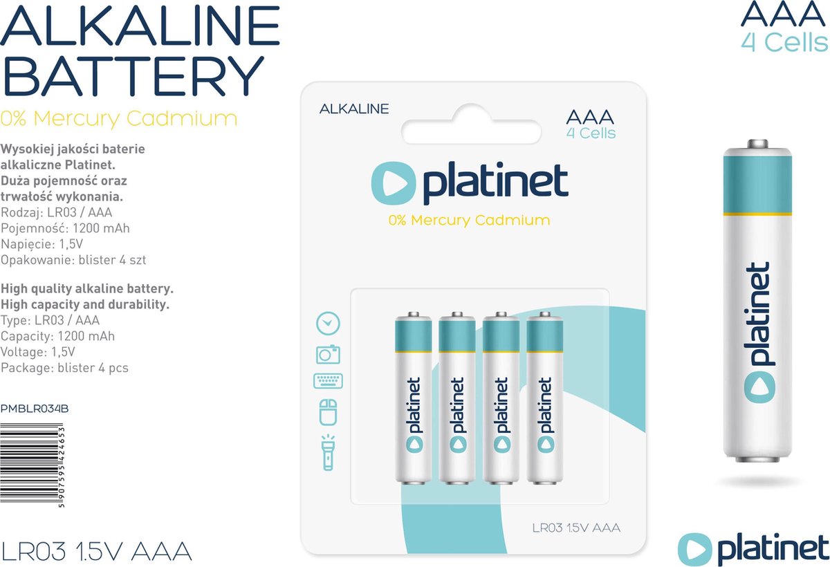 PLATINET Battery Alkaline PRO AAA / LR03 / 1.5V - Pack of 4