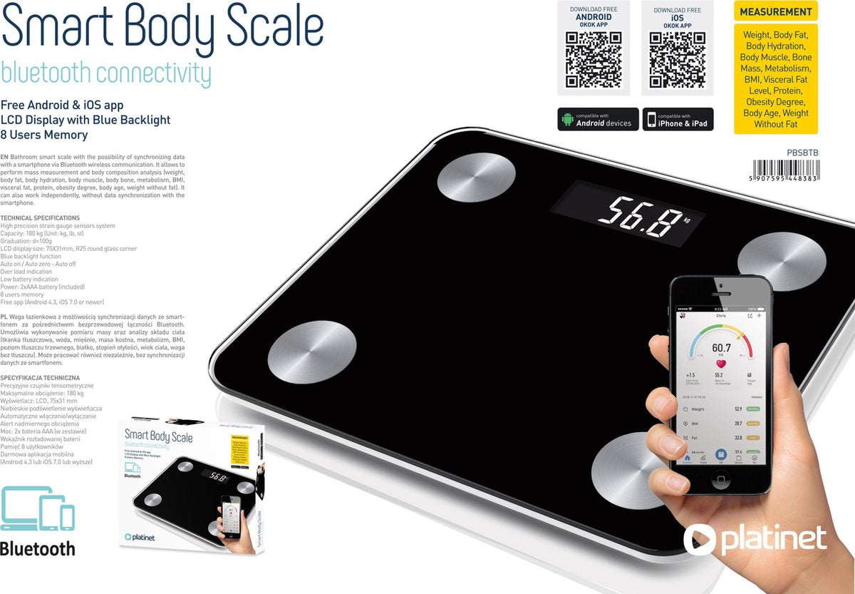 Platinet PBSBTB slimme Bluetooth personen weegschaal max. 180 Kg, incl. App zwart