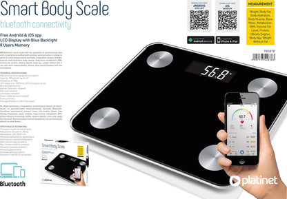 Platinet PBSBTB slimme Bluetooth personen weegschaal max. 180 Kg, incl. App zwart
