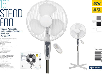 PLATINET PRSF16W Staande vloerventilator 40W oscillerend 41 cm (16 inch) met afstandsbediening wit