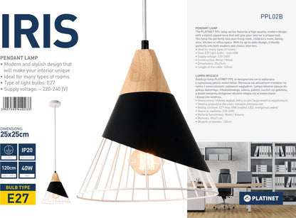 PLATINET PPL02B IRIS Hanging lamp black metal with wood accent E27 fitting maximum 40W black, brown