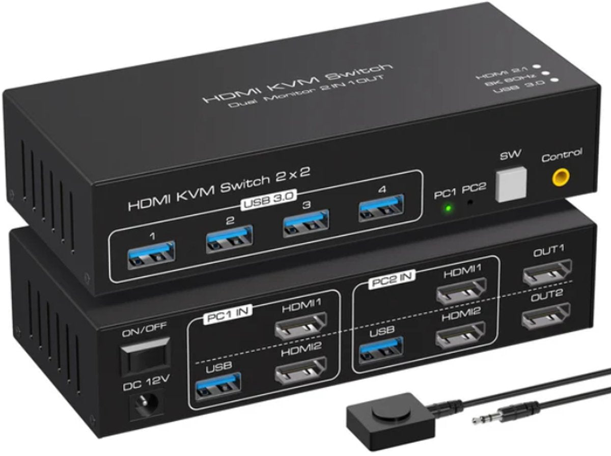 NÖRDIC KVM Switch - HDMI 2.1 - 8K60Hz/4K120Hz - 2 PC’s delen 4x USB-A 3.1 - 2 Externe Schermen