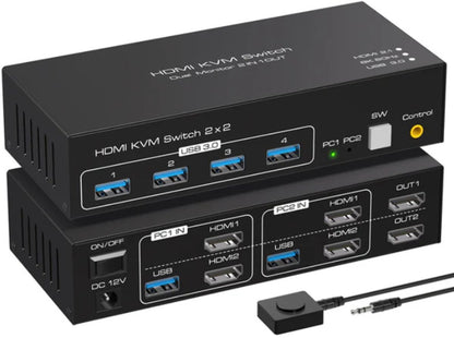 NÖRDIC KVM Switch - HDMI 2.1 - 8K60Hz/4K120Hz - 2 PC’s delen 4x USB-A 3.1 - 2 Externe Schermen
