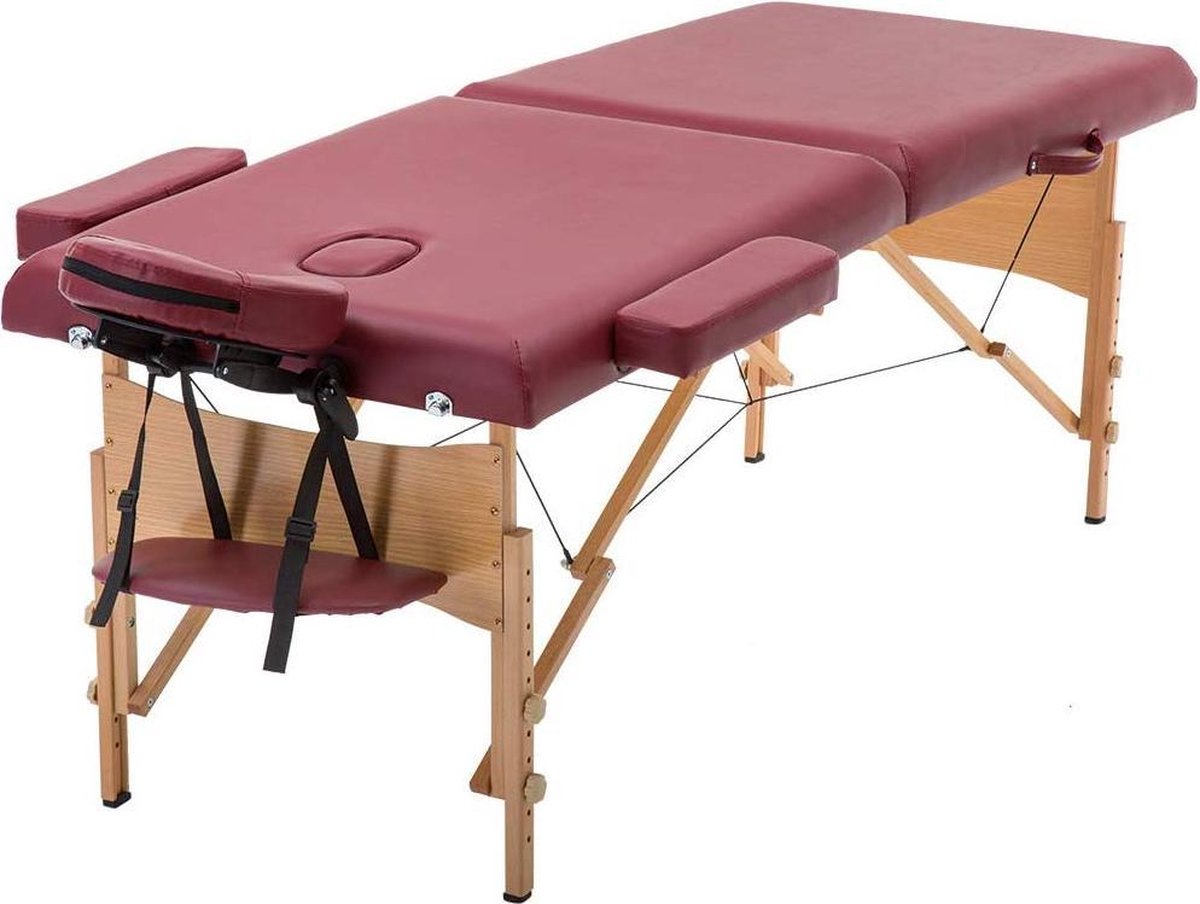 BestMassage MT-T1-Burgundy, Massagetafel draagbaar massagebed, 186 cm, hoogte verstelbaar en tweevoudig opklapbaar, met draagtas, rood