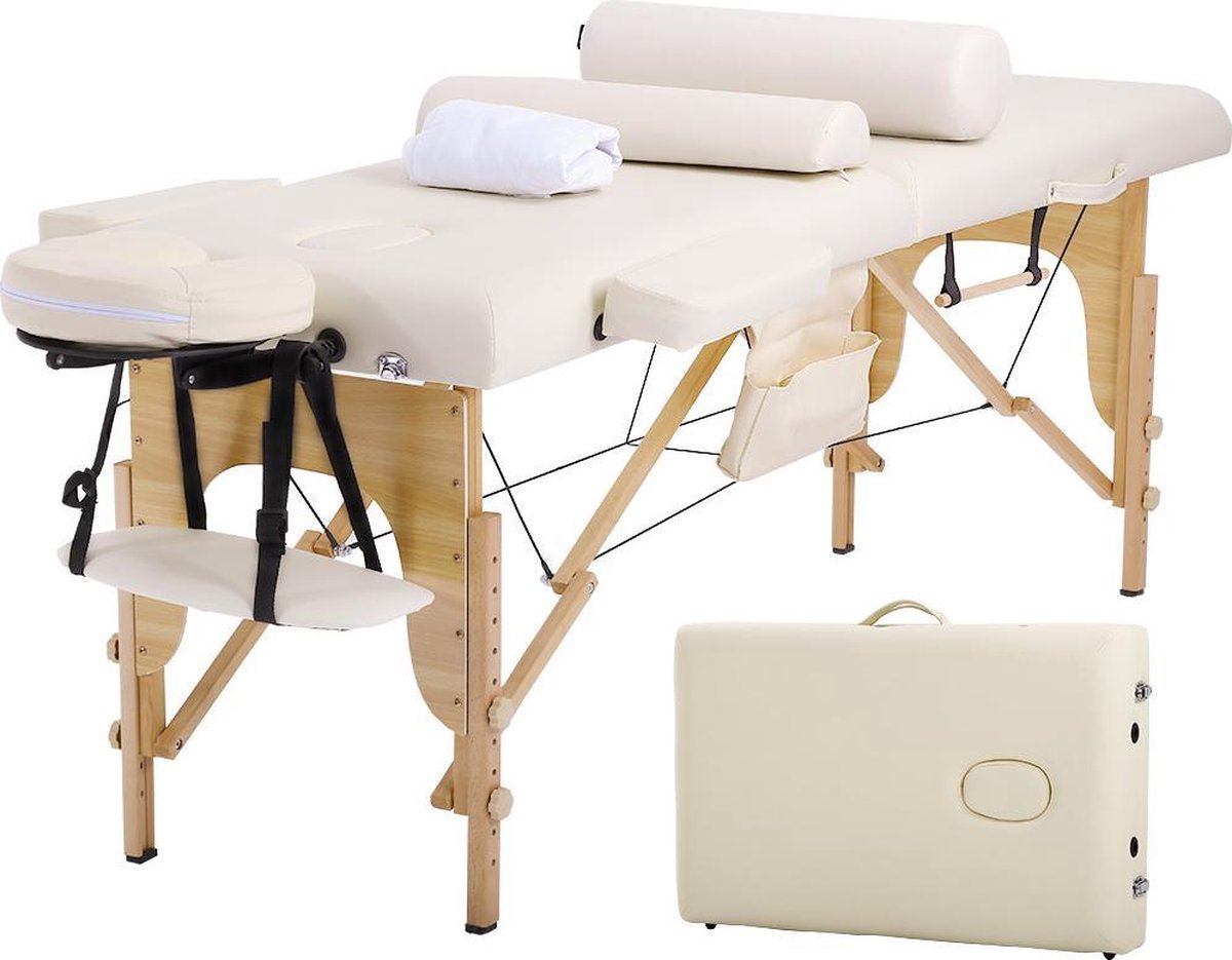 BestMassage MT-482-CREAM - Massagetafel - lengte 186 cm, hoogte verstelbaar, 2-voudig inklapbaar, gezichtskussen, draagtas en draagbaar - Cream