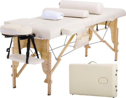 BestMassage MT-482-CREAM - Massagetafel - lengte 186 cm, hoogte verstelbaar, 2-voudig inklapbaar, gezichtskussen, draagtas en draagbaar - Cream