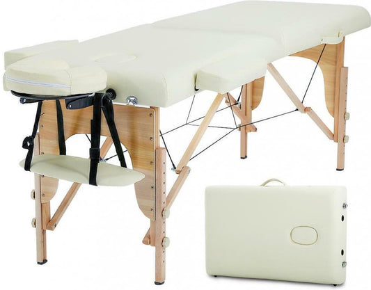 BestMassage MT-296-CREAM, Massagetafel, draagbaar massagebed, 186 cm, hoogte verstelbaar, tweevoudig inklapbaar, gezichtskussen, draagtas en draagbaar, Crème