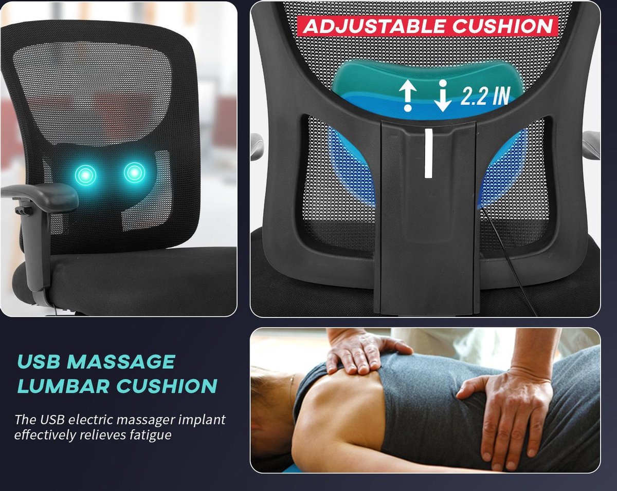 Best Office BM-BT9031-Black Ergonomische bureaustoel - Verstelbaar - Met massagefunctie - Zwart