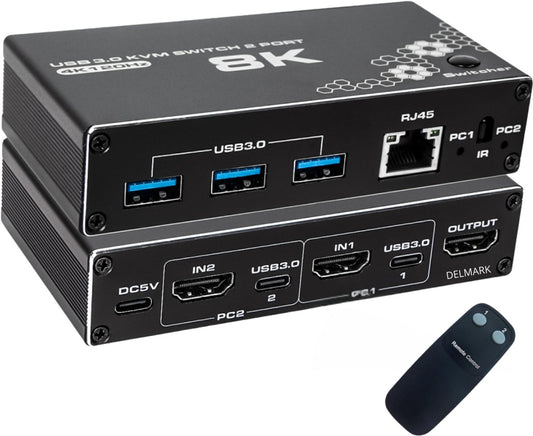 Delmark HDMI KVM Switch - USB-C - 8K - 2 PC naar 1 Monitor - USB 3.0 en RJ45 delen tussen 2 PC's - Met afstandsbediening