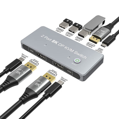 NÖRDIC KVM-115 KVM Switch - 2 naar 1 - USB-C, Displayport, USB2.0 - 8K60Hz - Grijs