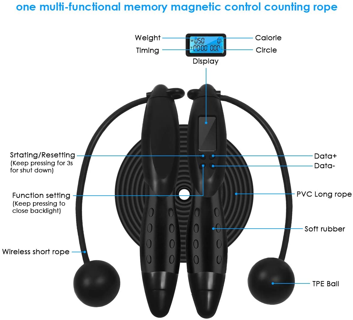 FDW AS8111 Adjustable Digital Skipping Rope with Jump and Calorie Counter - With Timer - Black