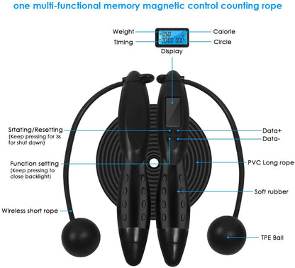 FDW AS8111 Adjustable Digital Skipping Rope with Jump and Calorie Counter - With Timer - Black