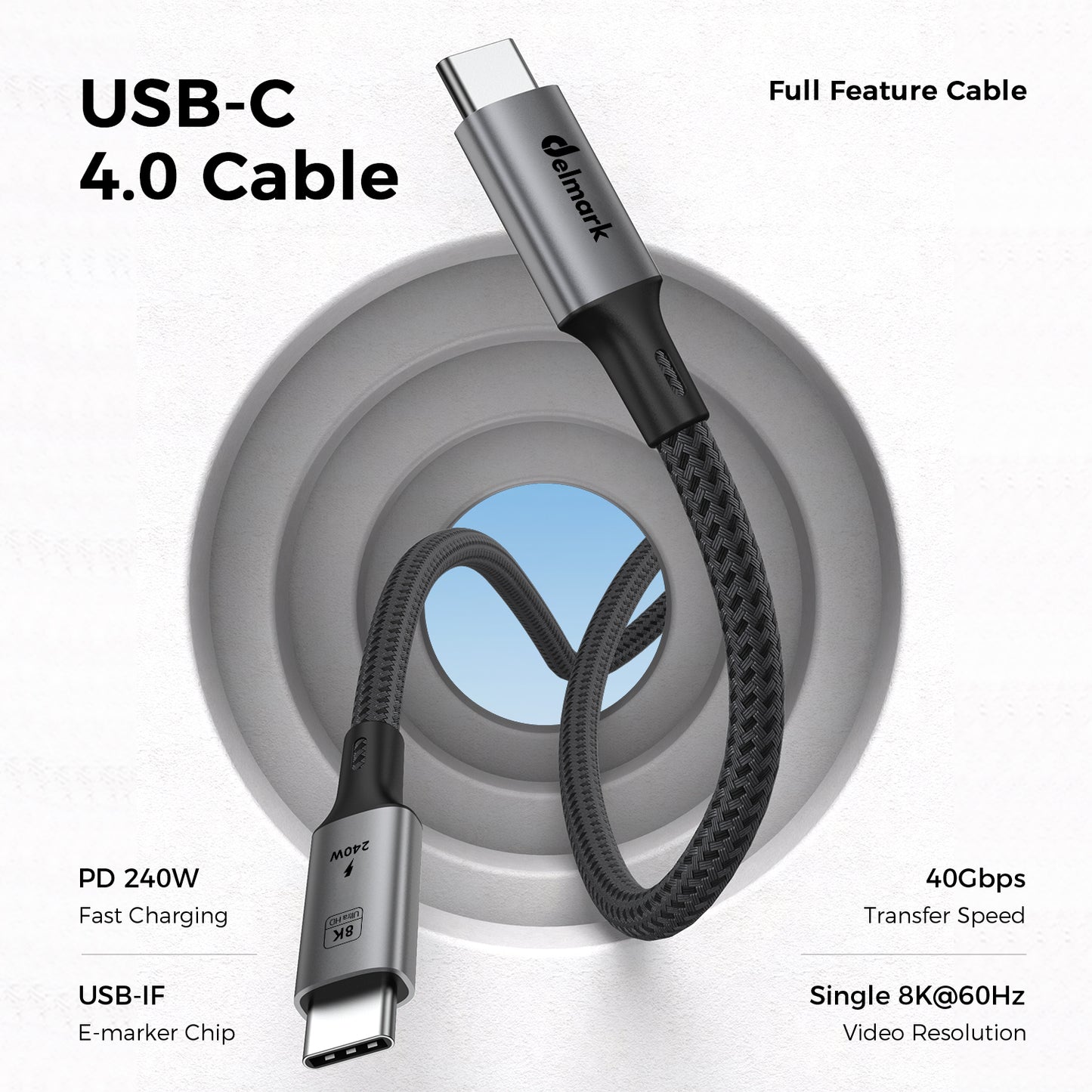 Delmark USB-C 4.0 Kabel - 1 meter- USB4 40Gbps, 8K Video, PD 240W - Fast Charging - Thunderbolt 3/4 Compatibel
