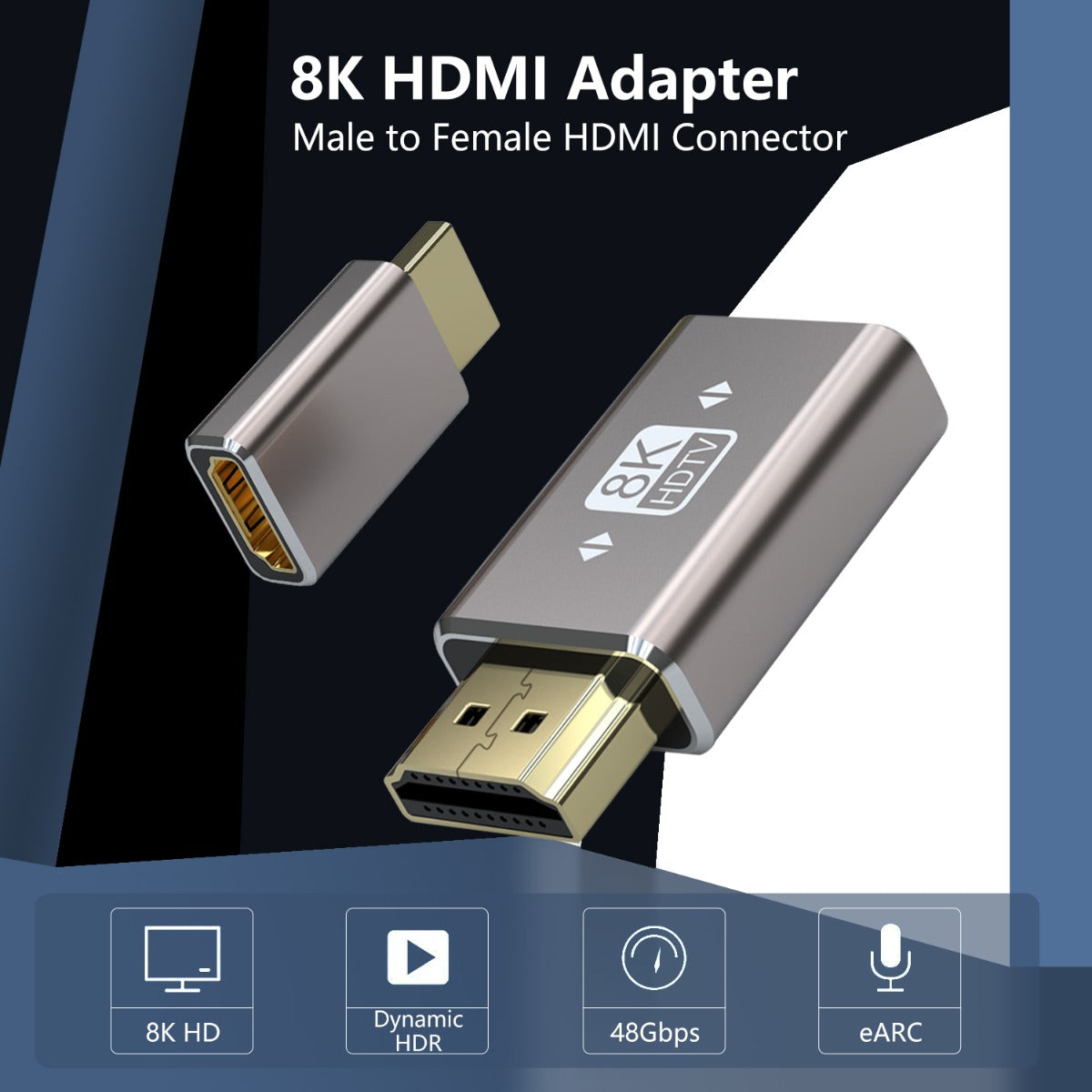 NÖRDIC HDMI-5021 - HDMI-adapter - mannelijk naar vrouwelijk - 8K60Hz & 4K120Hz - Dynamic HDR 48Gbps - eARC - Grijs