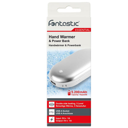 Fontastic 255687 Handwarmer en Powerbank - Dubbelzijdig - 5.200 mAh - 1x USB-A, 1x Micro USB - Zilver