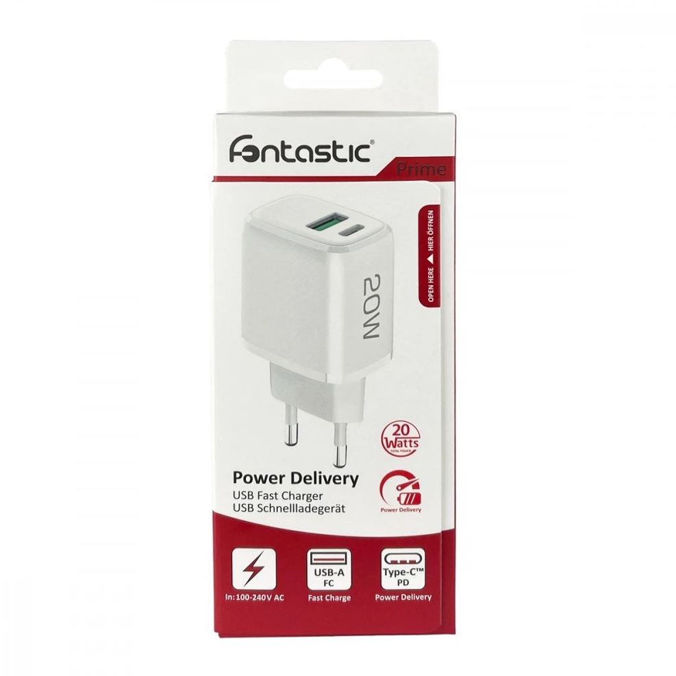 Fontastic 256837 Fast Charger USB to USB-C - Power Delivery - 20W - White