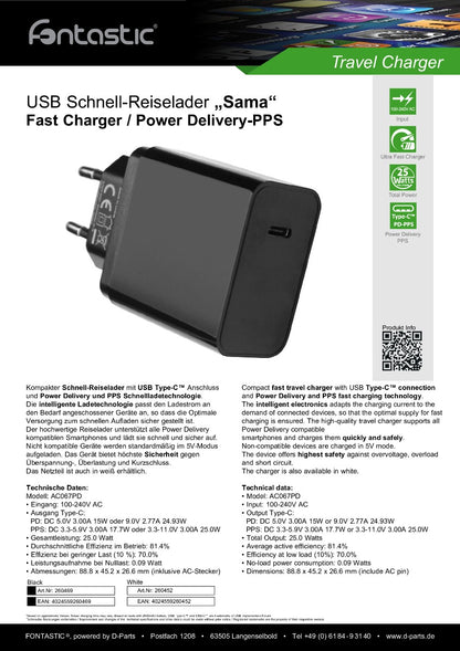 Fontastic 260469 Fast Charger USB-C - Power Delivery - 25W - Black
