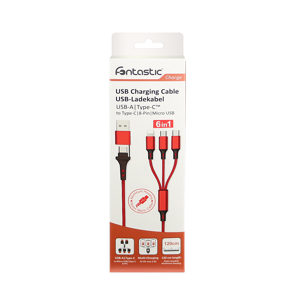 Fontastic 262326 USB 6in1 Cable - USB-A, USB-C, Lightning, Micro USB - 2.4A - 1.2m - Red