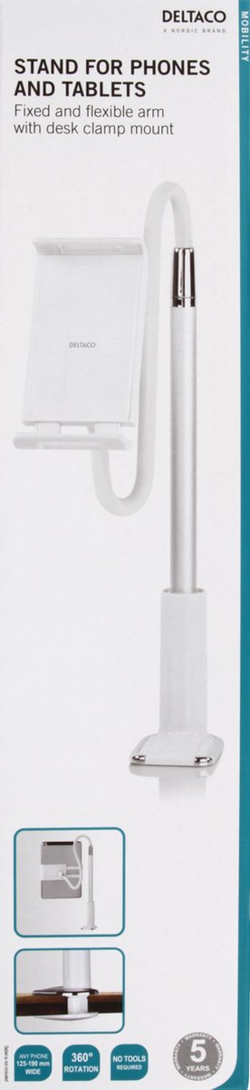 DELTACO ARM-277 Standaard voor smartphones tablets - Universeel - Met bureauklem - Vaste en flexibele arm - Wit