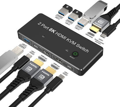 NÖRDIC KVM-113 KVM Switch - 2 to 1 - USB-C, HDMI2.1, USB3.0 - 8K60Hz - HDCP2.3 - Black