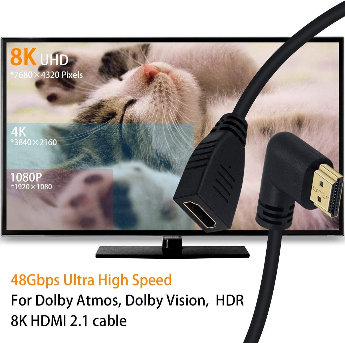 NÖRDIC HDMI-N5028 - HDMI 2.1 Adapter - 8K60Hz 4k120Hz - Male to Female - Angled to the right - 15cm