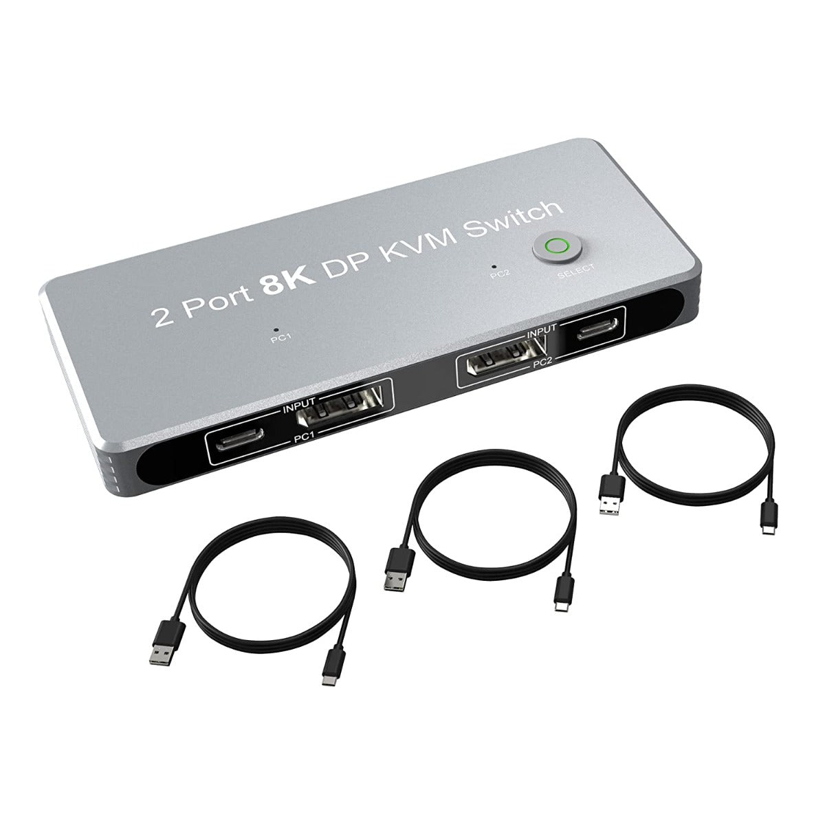 NÖRDIC KVM-115 KVM Switch - 2 naar 1 - USB-C, Displayport, USB2.0 - 8K60Hz - Grijs