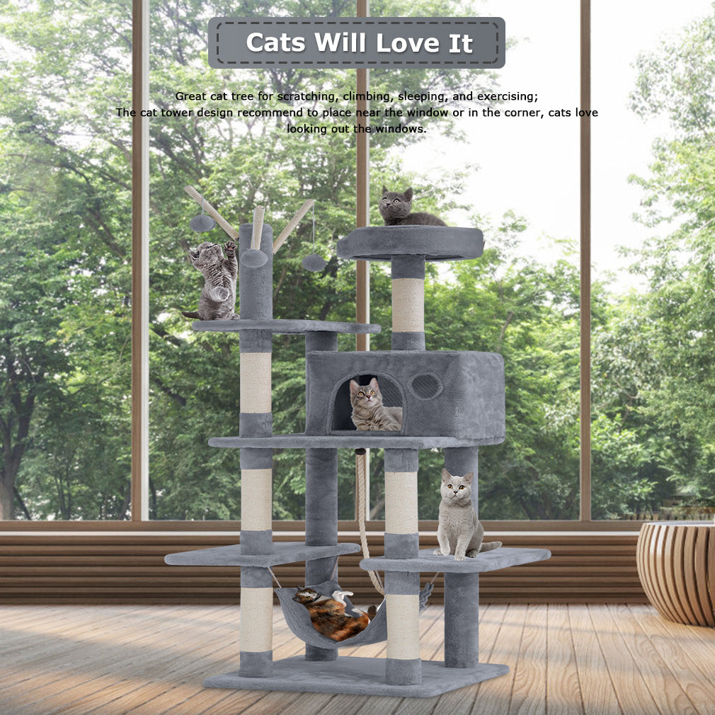 BestPet CT-T154-GREY Kattenboom voor katten - Speelhuis - Met hangmat - Grijs