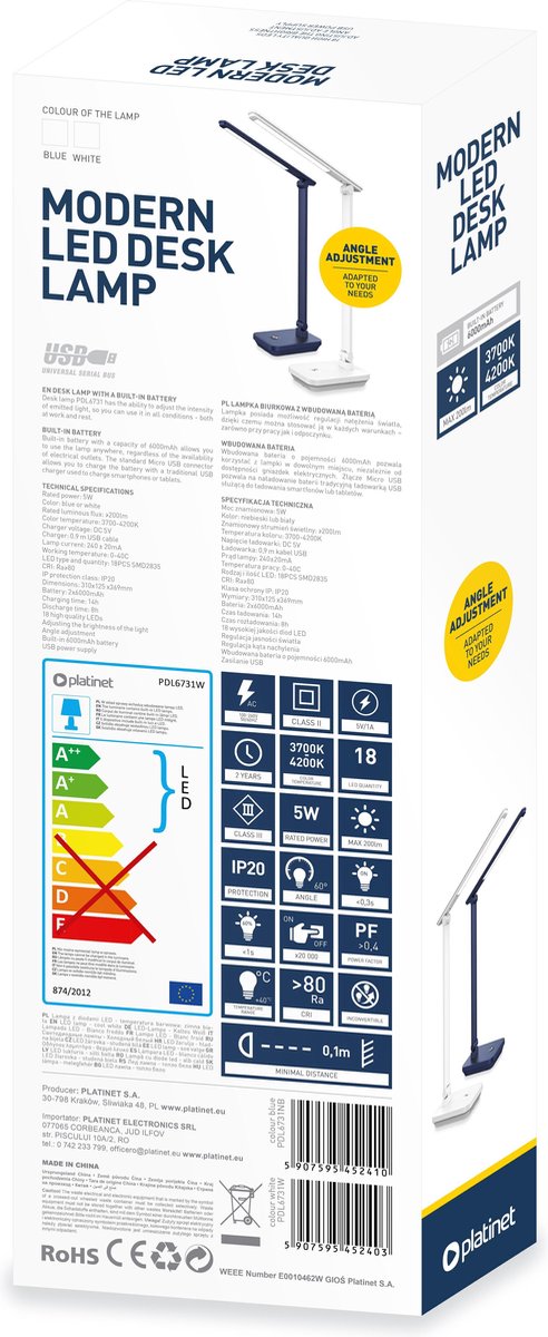 Platinet PDL6731NB LED bureaulamp 5W met ingebouwde oplaadbare batterij Navyblauw