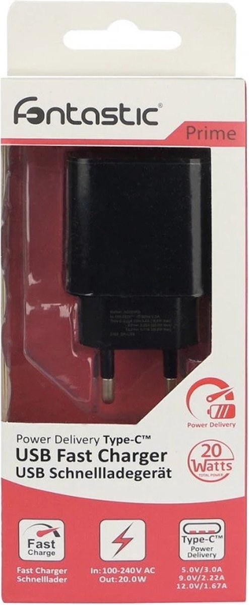Fontastic 260148 AC Oplader USB-C aansluiting - Snellader - 20W - Zwart