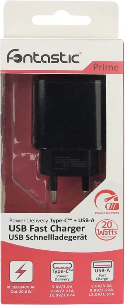 Fontastic 260155 Losse AC Oplader USB-A en Type-C aansluiting - Snellader - 20W - Zwart